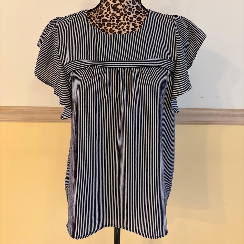 Monteau Los Angeles Navy White Striped Flutter Sleeve Blouse Large 27521